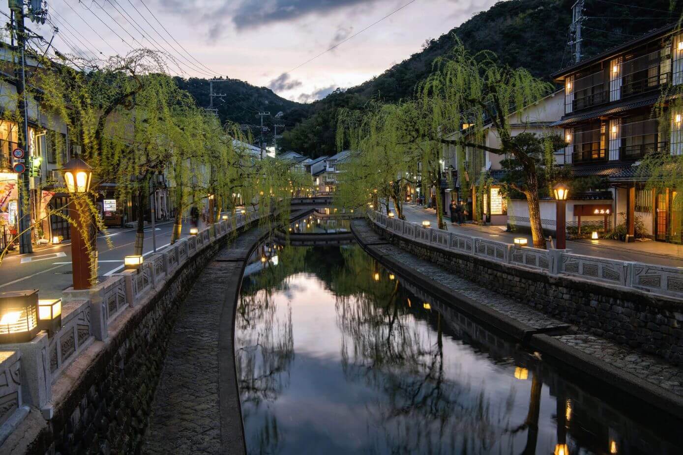River view of Kinosaki Onsen with lanterns
