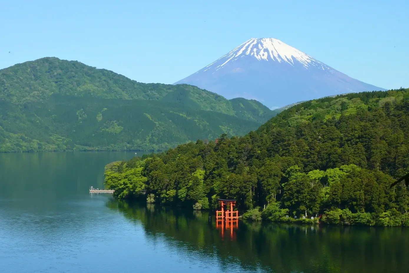 View of Lake Ashi and its famous torii with Mount Fuji in the background